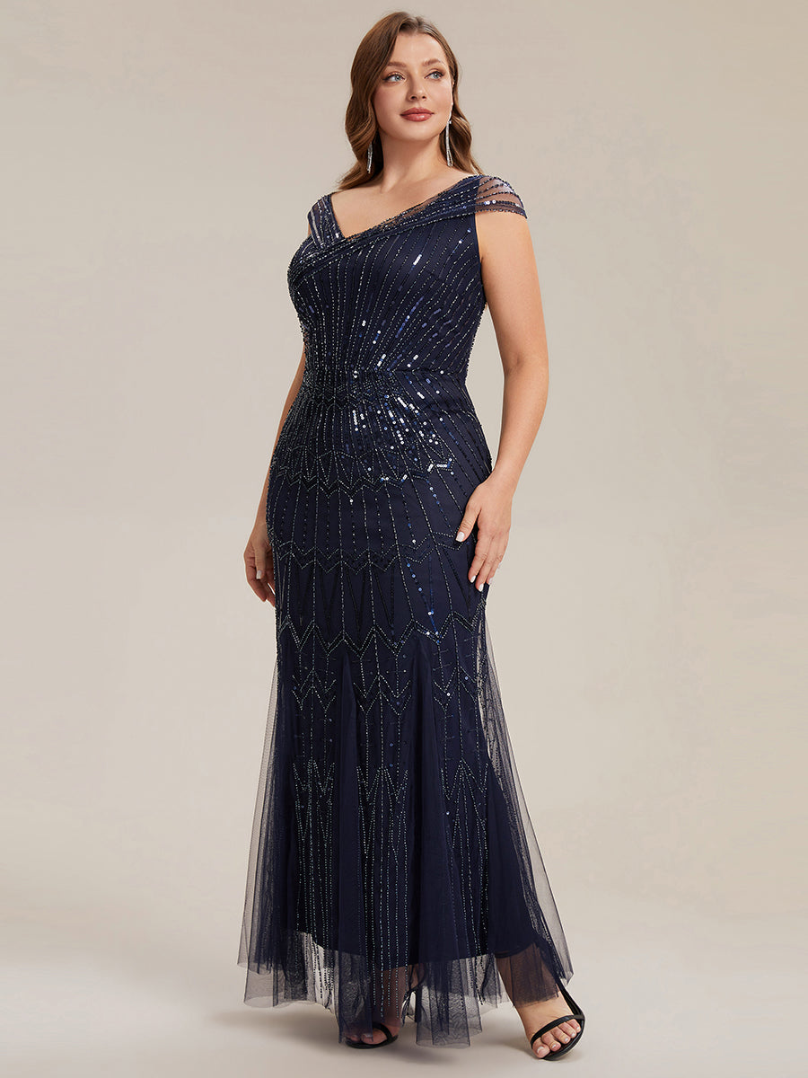 Maxil?nge Meerjungfrau Kleid V Ausschnitt T¨¹ll Verziert Pailletten Perlen #Farbe_Marineblau