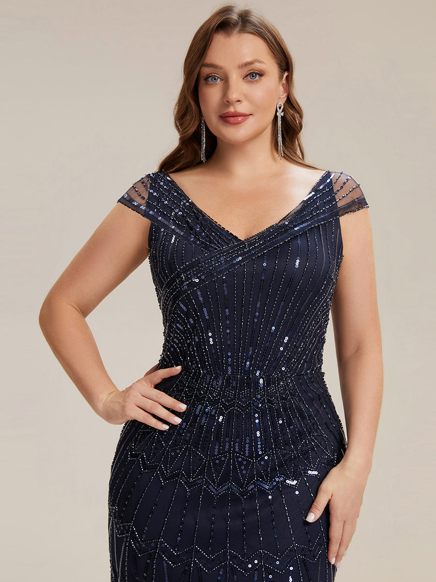 Maxil?nge Meerjungfrau Kleid V Ausschnitt T¨¹ll Verziert Pailletten Perlen #Farbe_Marineblau