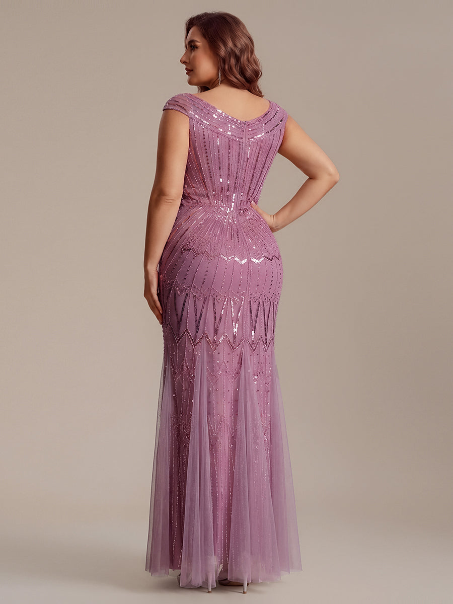 Maxil?nge Meerjungfrau Kleid V Ausschnitt T¨¹ll Verziert Pailletten Perlen #Farbe_Orchideenviolett