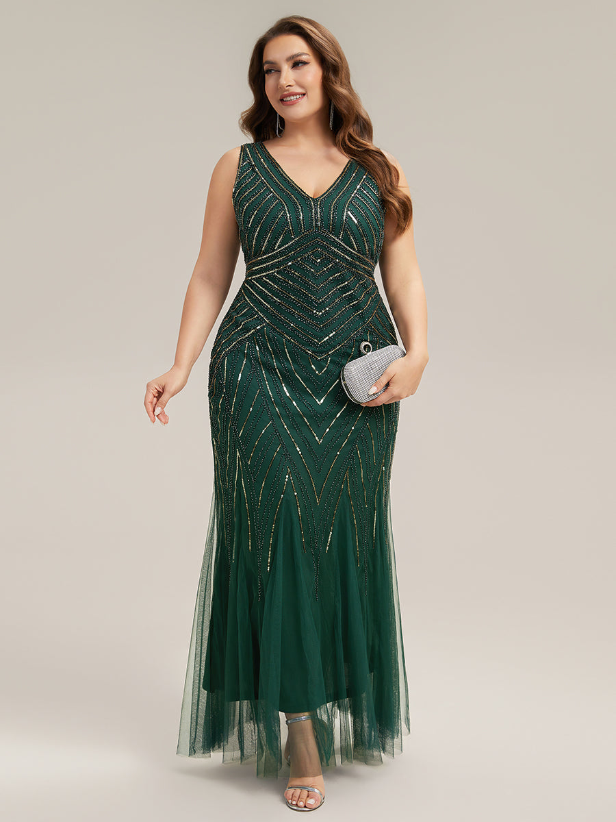 Tüll Bodenlang Ärmellos Zeitgemäßes Produktdetail Design Ausführung Moderne abendkleid #Farbe_Dunkelgrün
