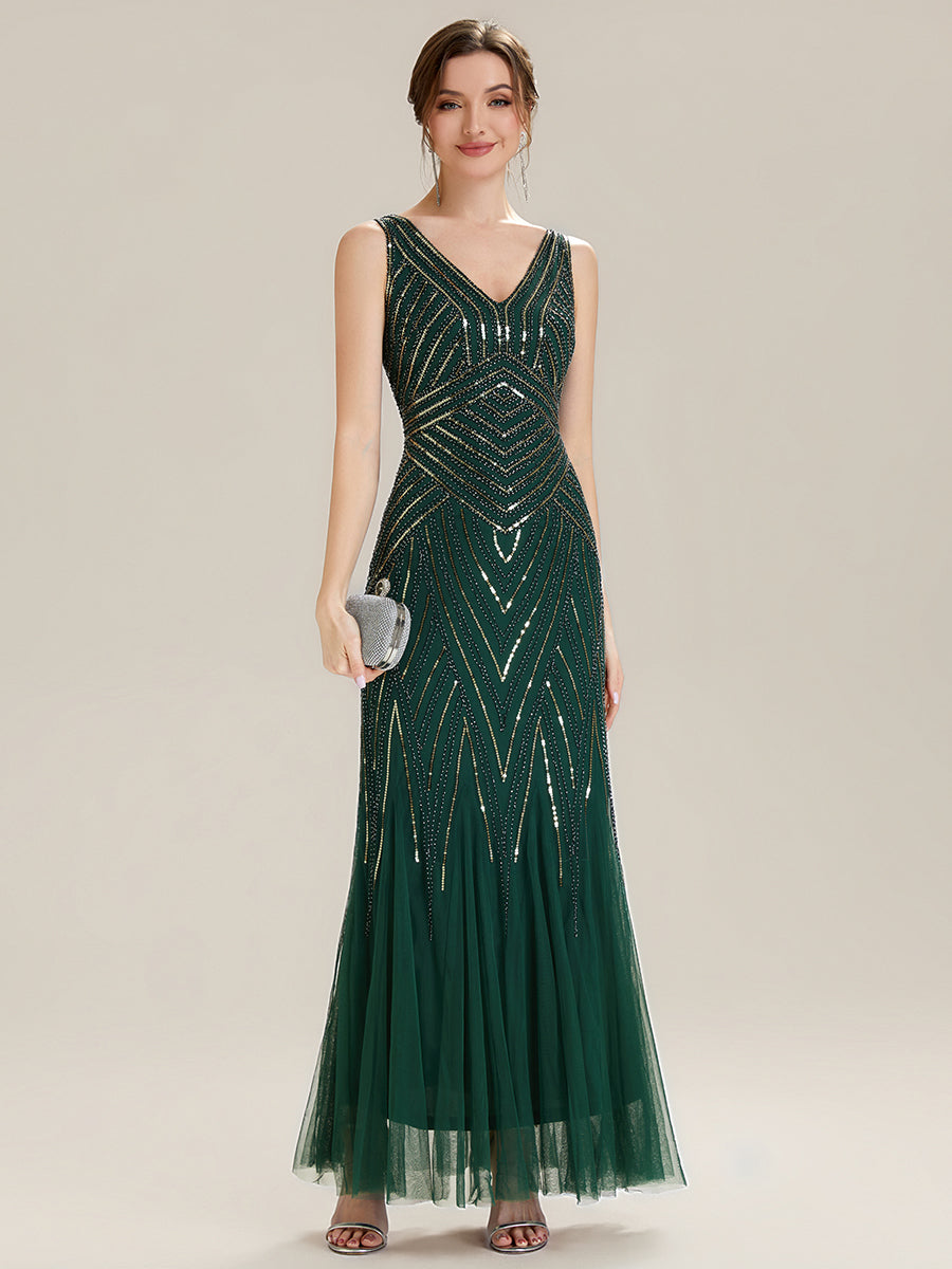 Tüll Bodenlang Ärmellos Zeitgemäßes Produktdetail Design Ausführung Moderne abendkleid #Farbe_Dunkelgrün