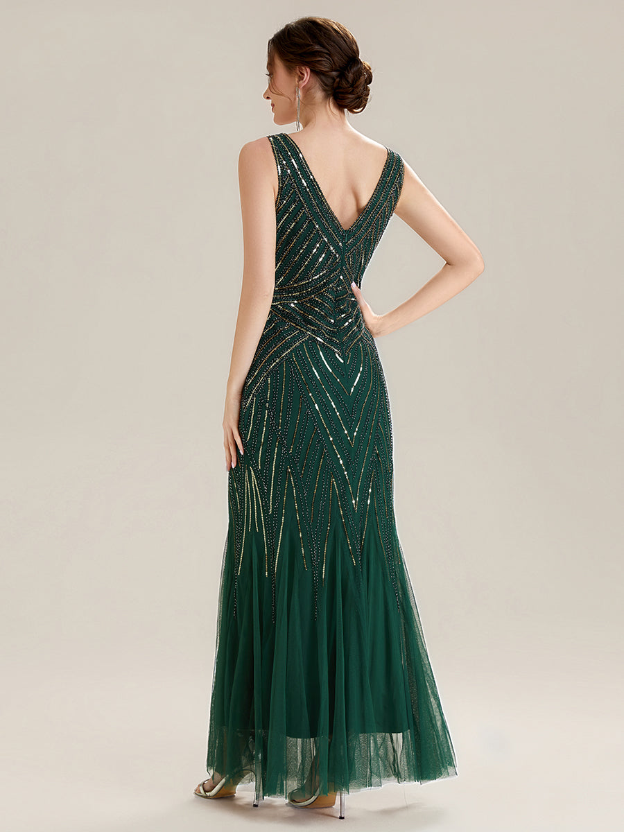 Tüll Bodenlang Ärmellos Zeitgemäßes Produktdetail Design Ausführung Moderne abendkleid #Farbe_Dunkelgrün