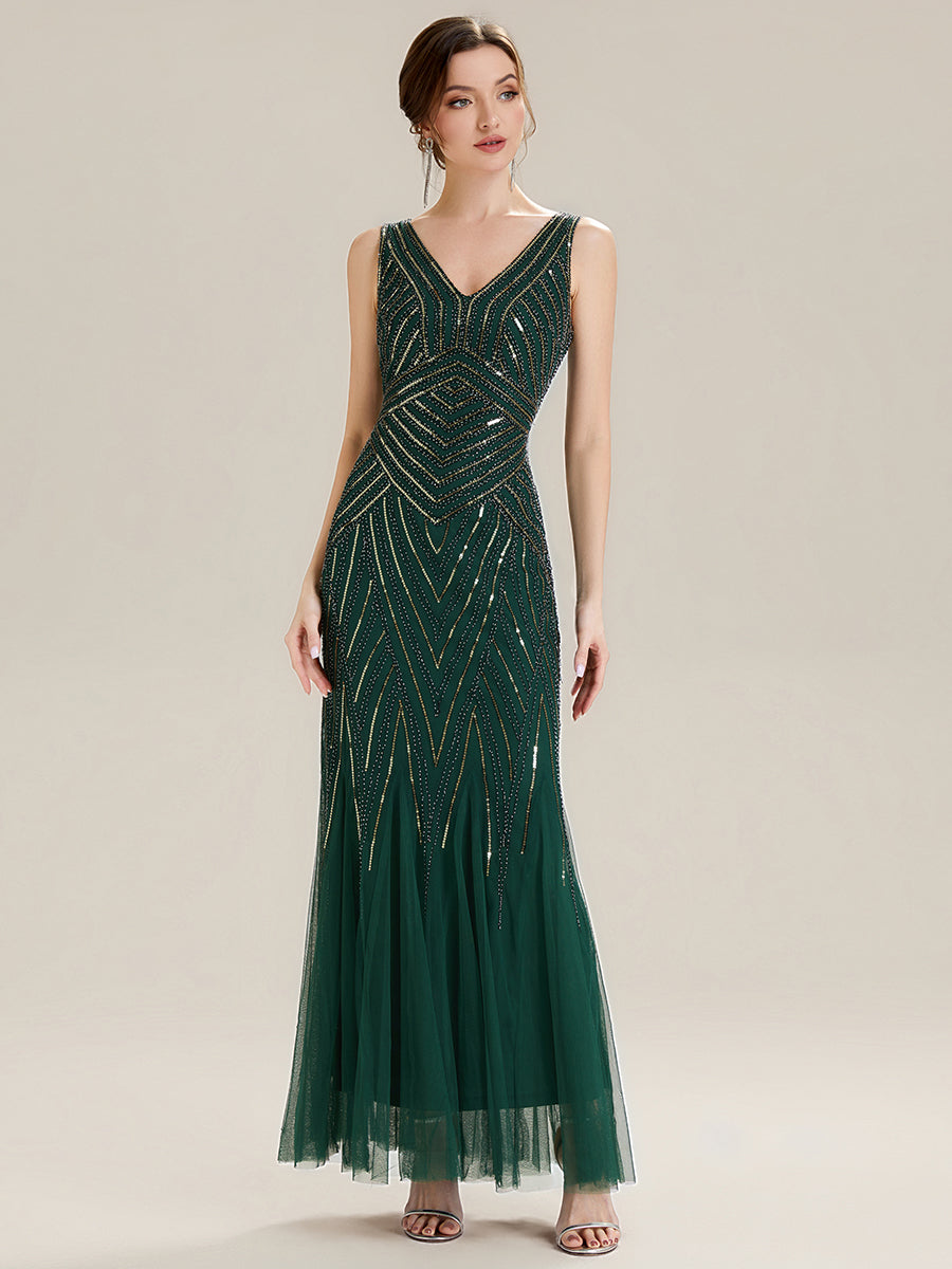 Tüll Bodenlang Ärmellos Zeitgemäßes Produktdetail Design Ausführung Moderne abendkleid #Farbe_Dunkelgrün