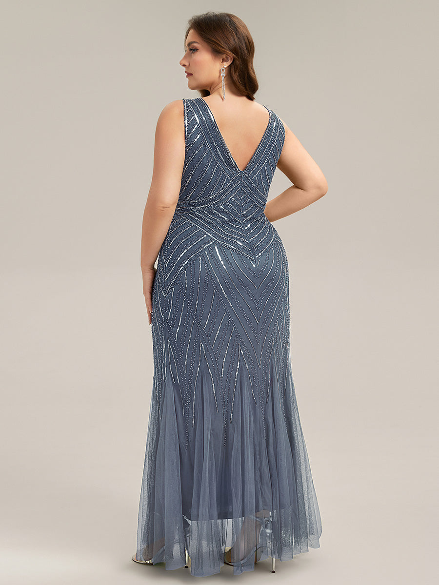 Tüll Bodenlang Ärmellos Zeitgemäßes Produktdetail Design Ausführung Moderne abendkleid #Farbe_Taubenblau
