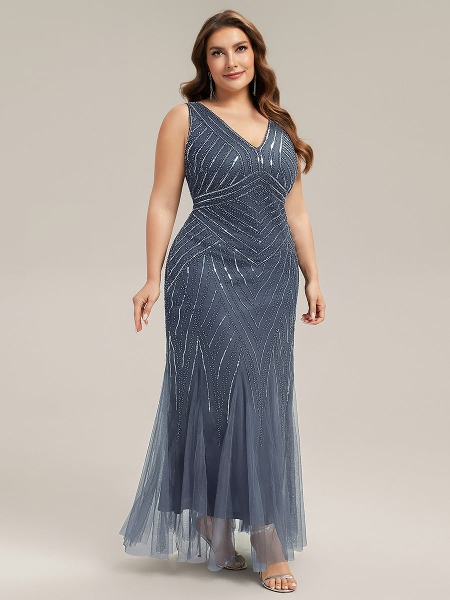 Tüll Bodenlang Ärmellos Zeitgemäßes Produktdetail Design Ausführung Moderne abendkleid #Farbe_Taubenblau