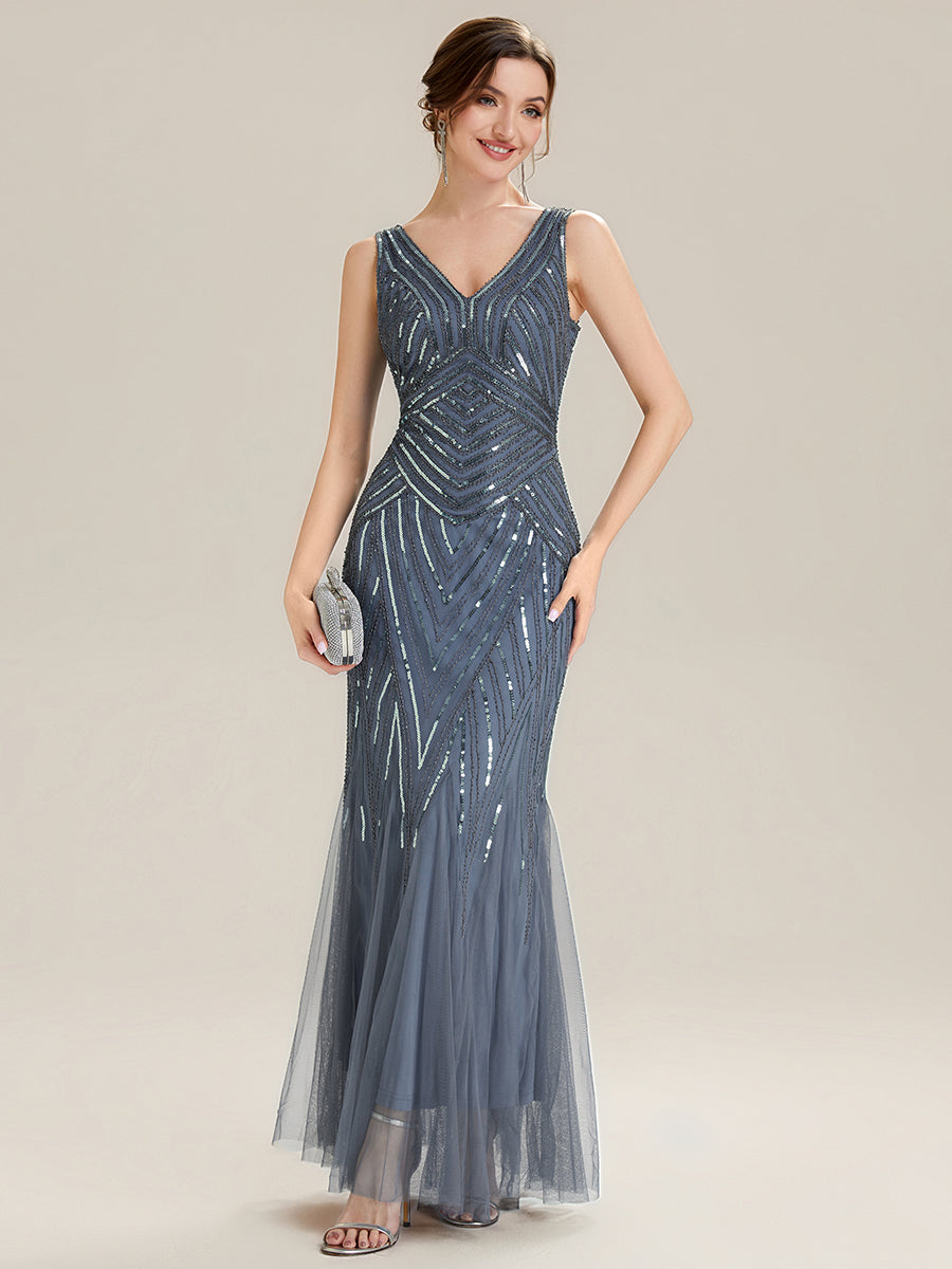 Tüll Bodenlang Ärmellos Zeitgemäßes Produktdetail Design Ausführung Moderne abendkleid #Farbe_Taubenblau