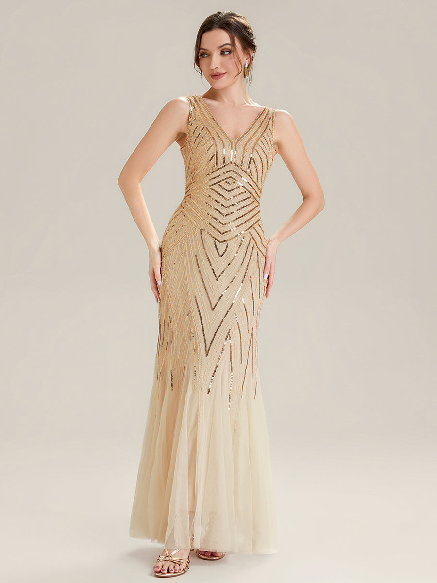 Tüll Bodenlang Ärmellos Zeitgemäßes Produktdetail Design Ausführung Moderne abendkleid #Farbe_Gold