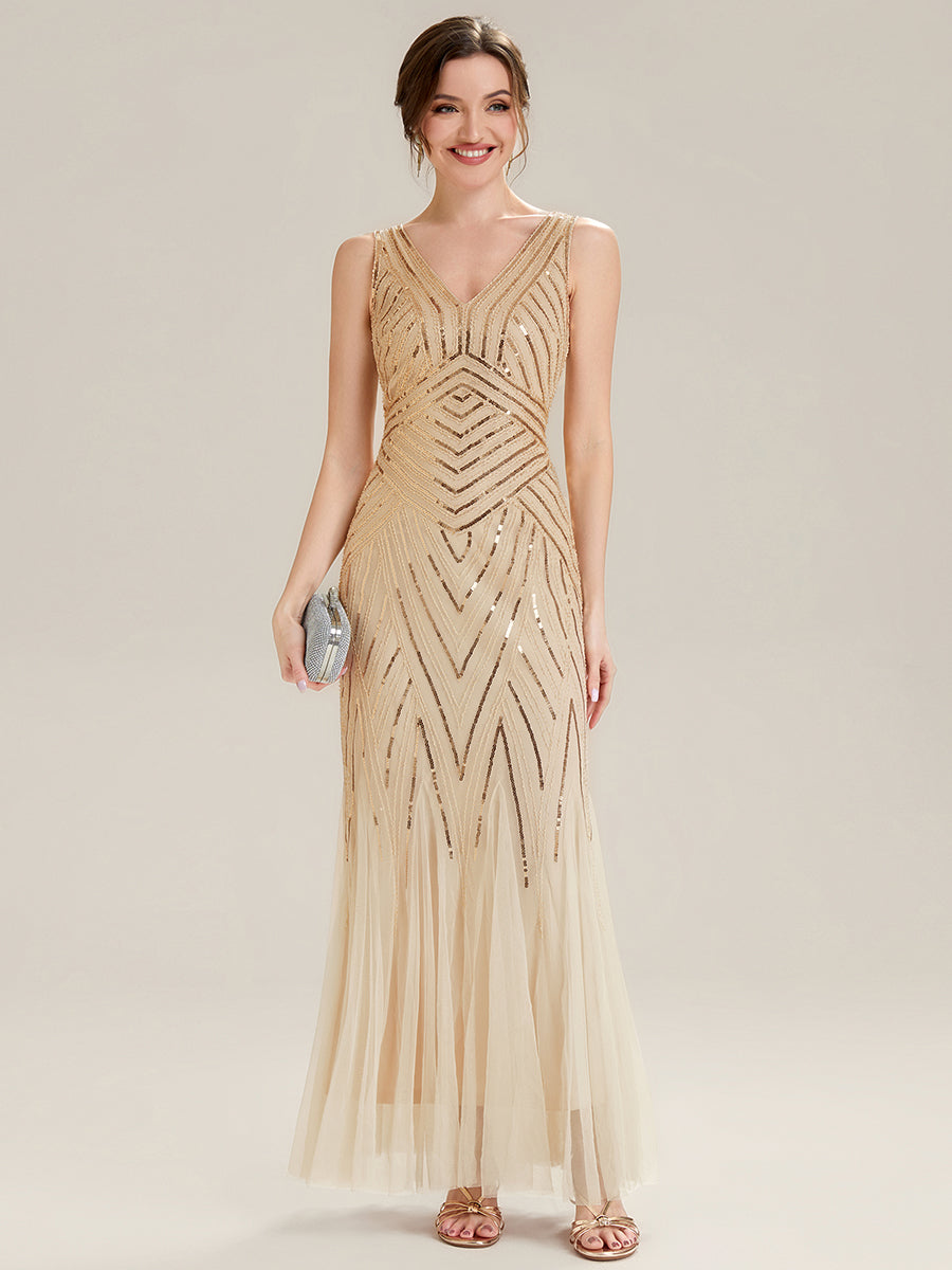 Tüll Bodenlang Ärmellos Zeitgemäßes Produktdetail Design Ausführung Moderne abendkleid #Farbe_Gold