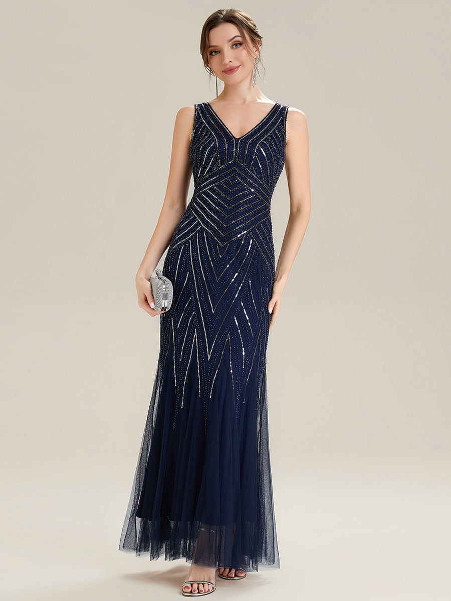 Tüll Bodenlang Ärmellos Zeitgemäßes Produktdetail Design Ausführung Moderne abendkleid #Farbe_Marineblau