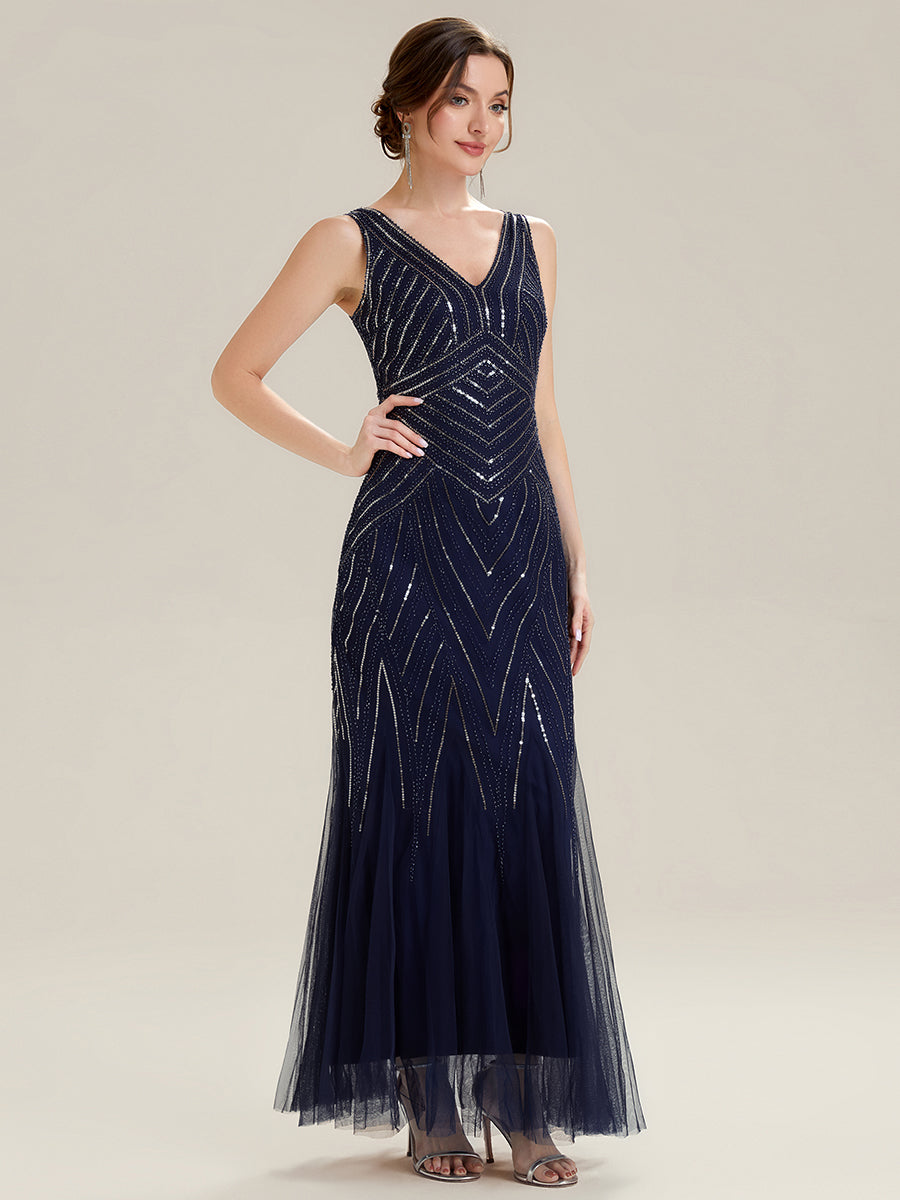 Tüll Bodenlang Ärmellos Zeitgemäßes Produktdetail Design Ausführung Moderne abendkleid #Farbe_Marineblau