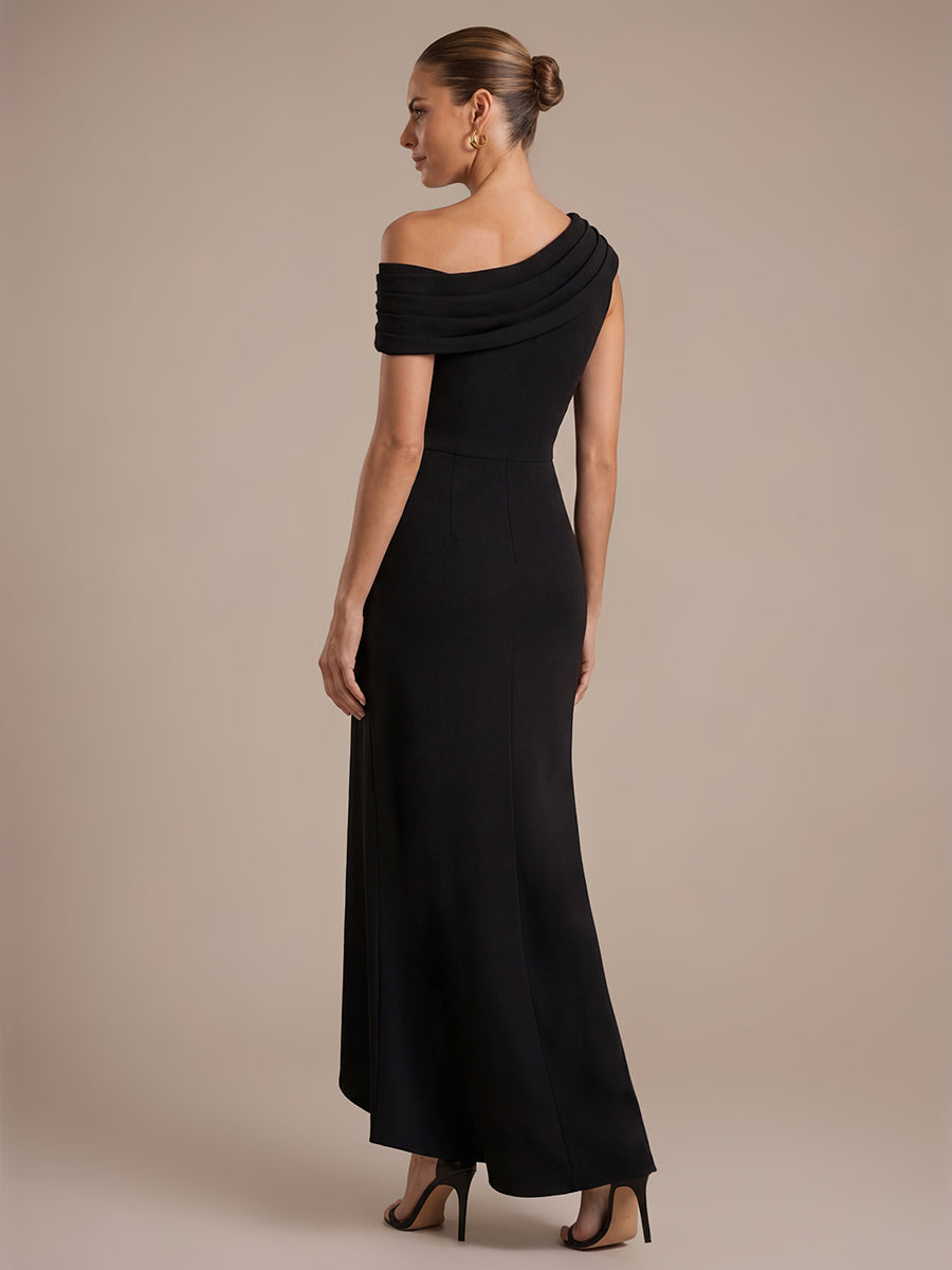 Asymmetrischer Saum Kleid Schulterfreier Ausschnitt Meerjungfrau Schnitt Krepp Schlitz Volants #Farbe_Schwarz