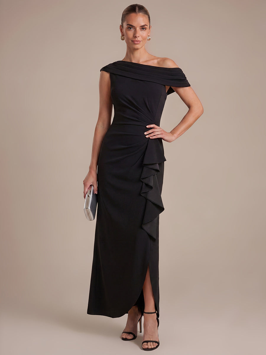 Asymmetrischer Saum Kleid Schulterfreier Ausschnitt Meerjungfrau Schnitt Krepp Schlitz Volants #Farbe_Schwarz