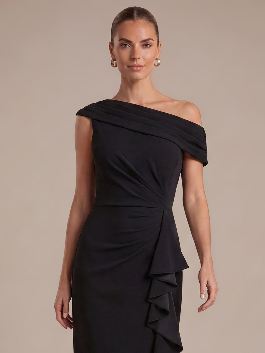 Asymmetrischer Saum Kleid Schulterfreier Ausschnitt Meerjungfrau Schnitt Krepp Schlitz Volants #Farbe_Schwarz