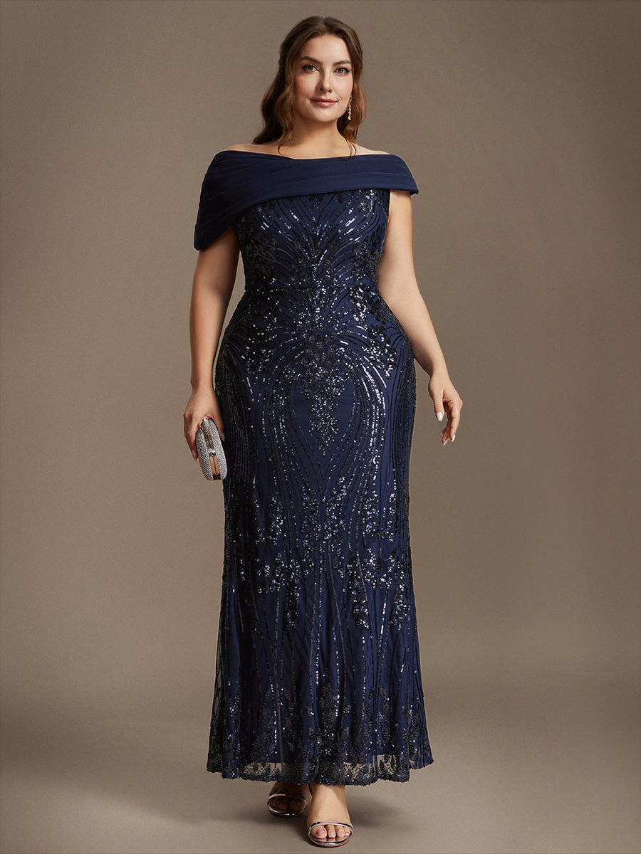 Maxilänge Asymmetrischer Ausschnitt Figurbetontes Kleid Aus Pailletten Für Glamourösen Look #Farbe_Marineblau