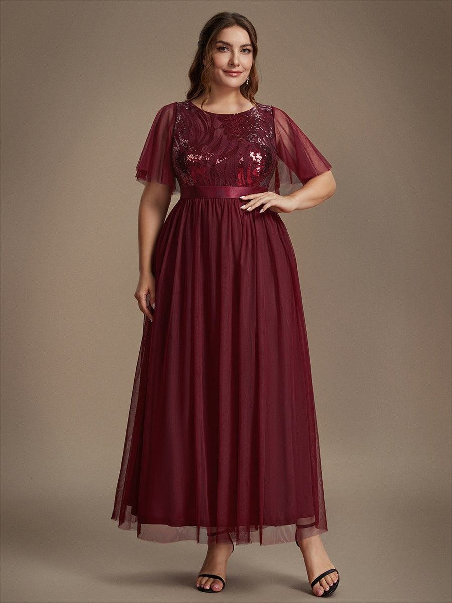 Maxilänge A-Linien Kleid Runder Ausschnitt Tüll Pailletten Glamouröser Look #Farbe_Burgunderrot
