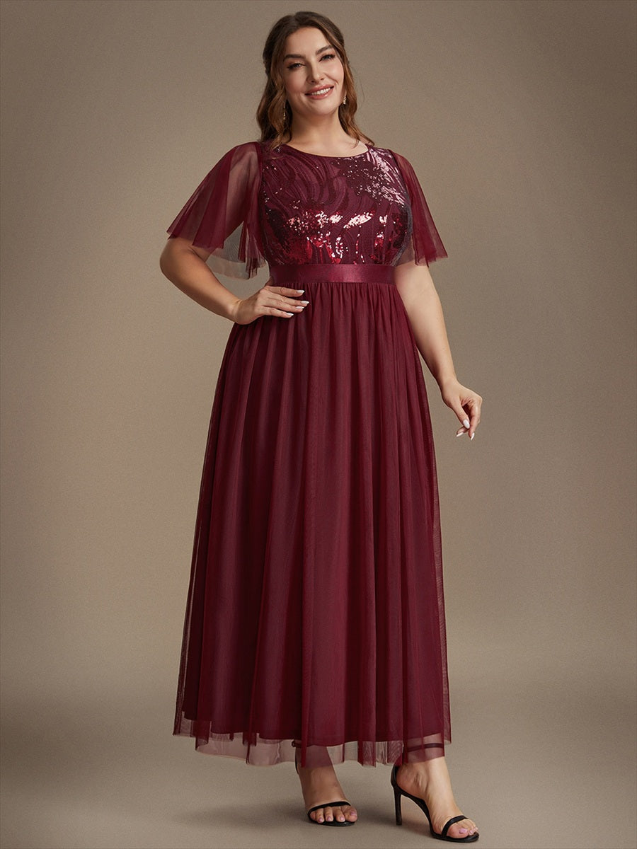 Maxilänge A-Linien Kleid Runder Ausschnitt Tüll Pailletten Glamouröser Look #Farbe_Burgunderrot