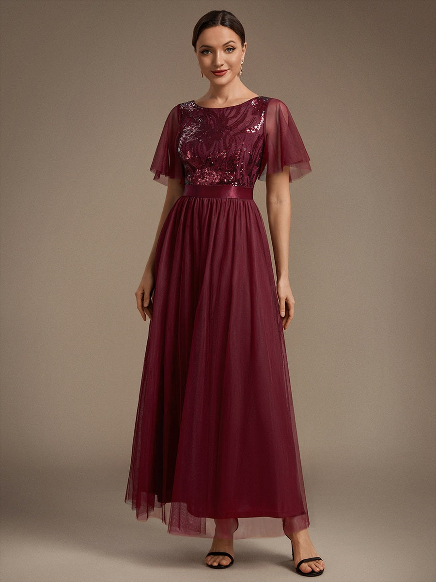 Maxilänge A-Linien Kleid Runder Ausschnitt Tüll Pailletten Glamouröser Look #Farbe_Burgunderrot