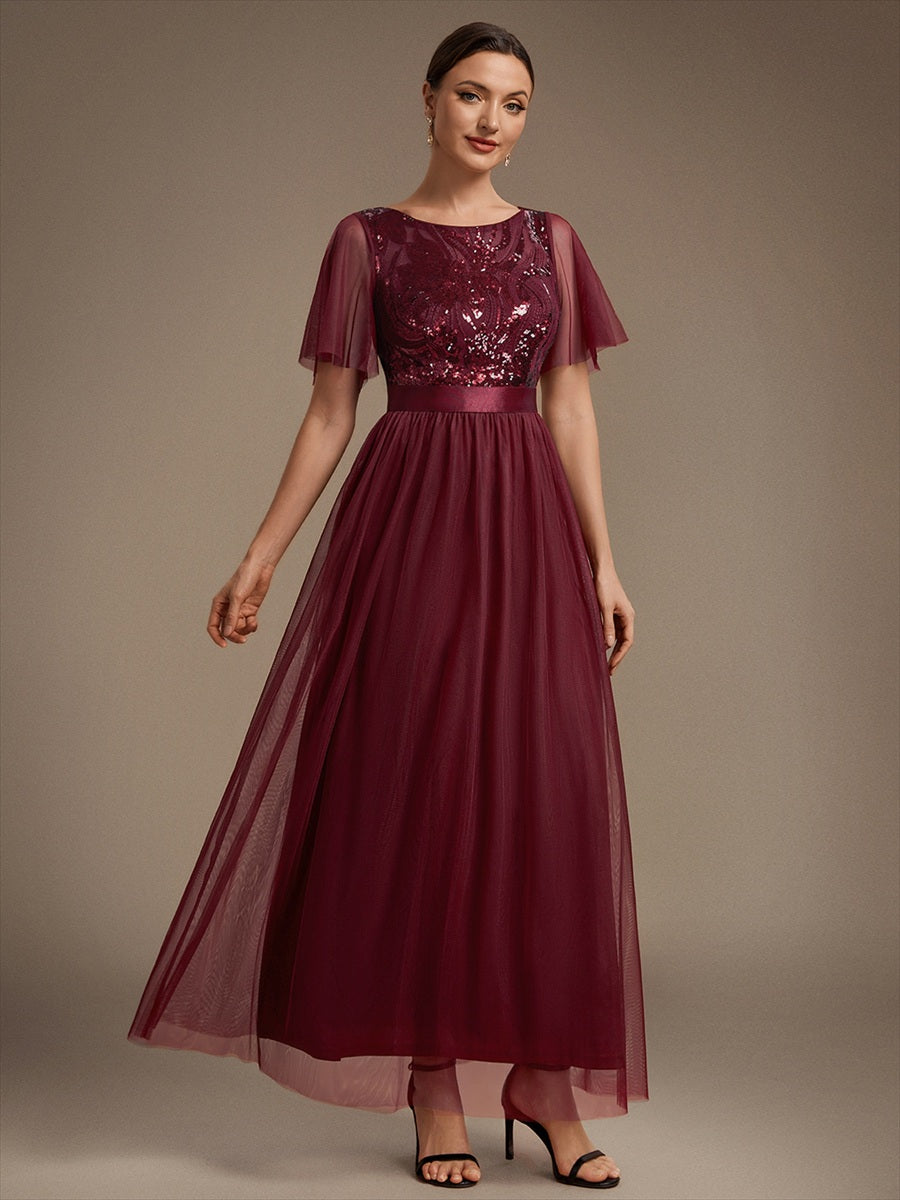 Maxilänge A-Linien Kleid Runder Ausschnitt Tüll Pailletten Glamouröser Look #Farbe_Burgunderrot