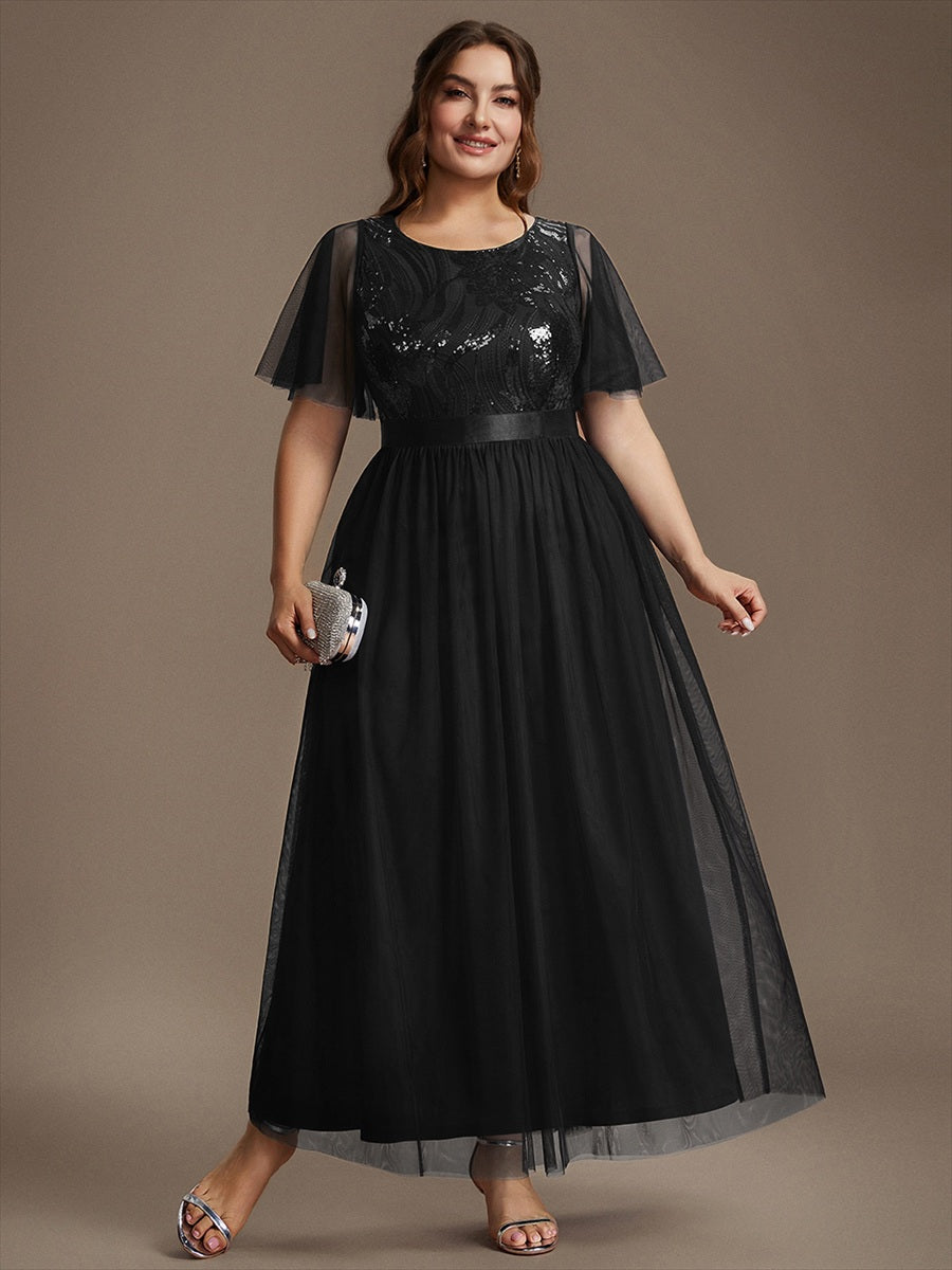 Maxilänge A-Linien Kleid Runder Ausschnitt Tüll Pailletten Glamouröser Look #Farbe_Schwarz