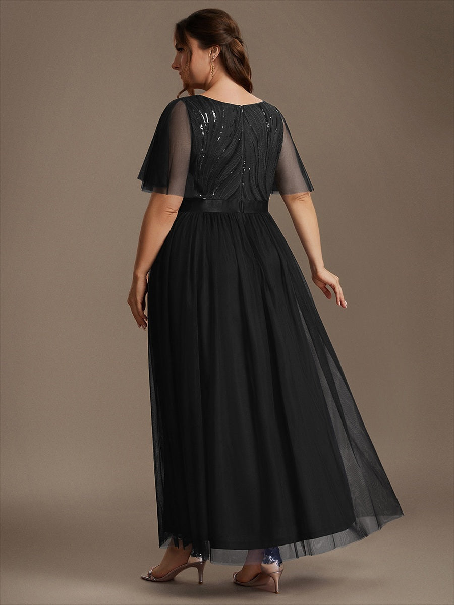 Maxilänge A-Linien Kleid Runder Ausschnitt Tüll Pailletten Glamouröser Look #Farbe_Schwarz
