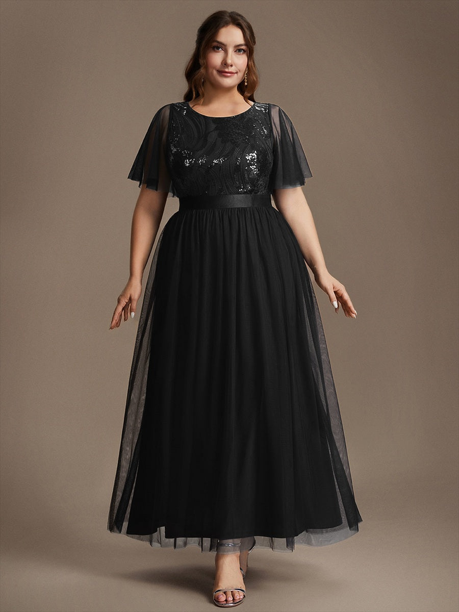 Maxilänge A-Linien Kleid Runder Ausschnitt Tüll Pailletten Glamouröser Look #Farbe_Schwarz