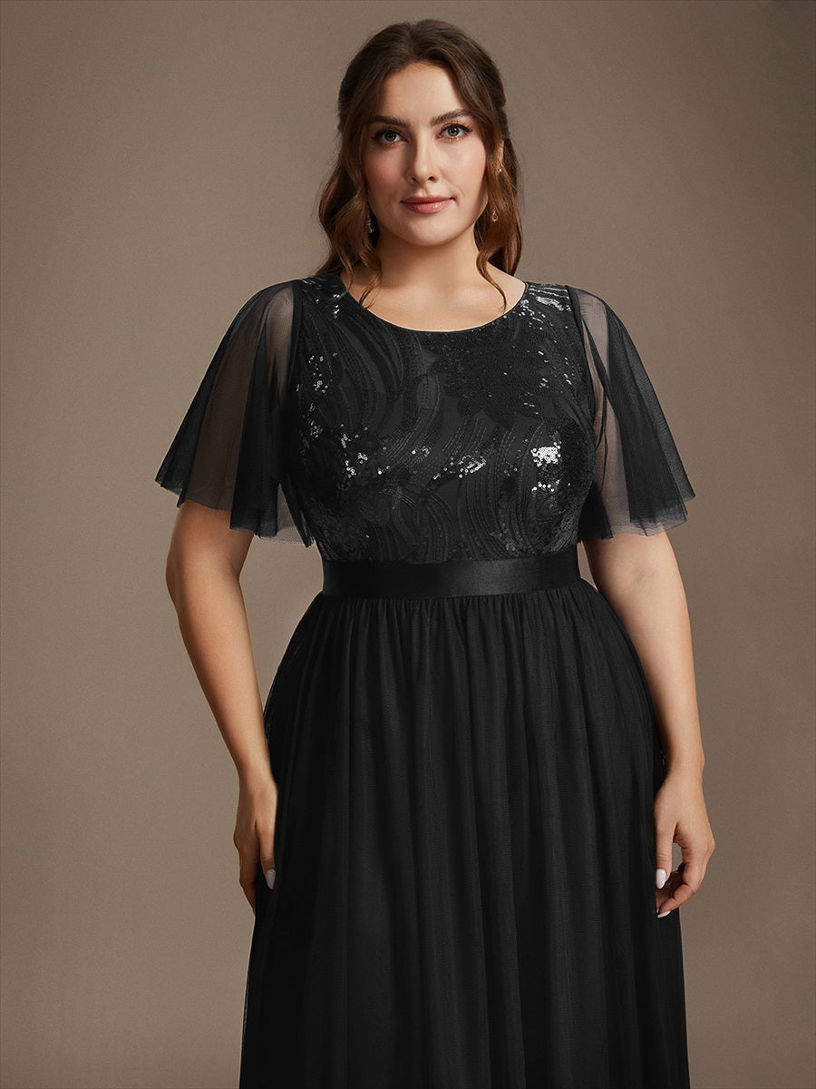 Maxilänge A-Linien Kleid Runder Ausschnitt Tüll Pailletten Glamouröser Look #Farbe_Schwarz