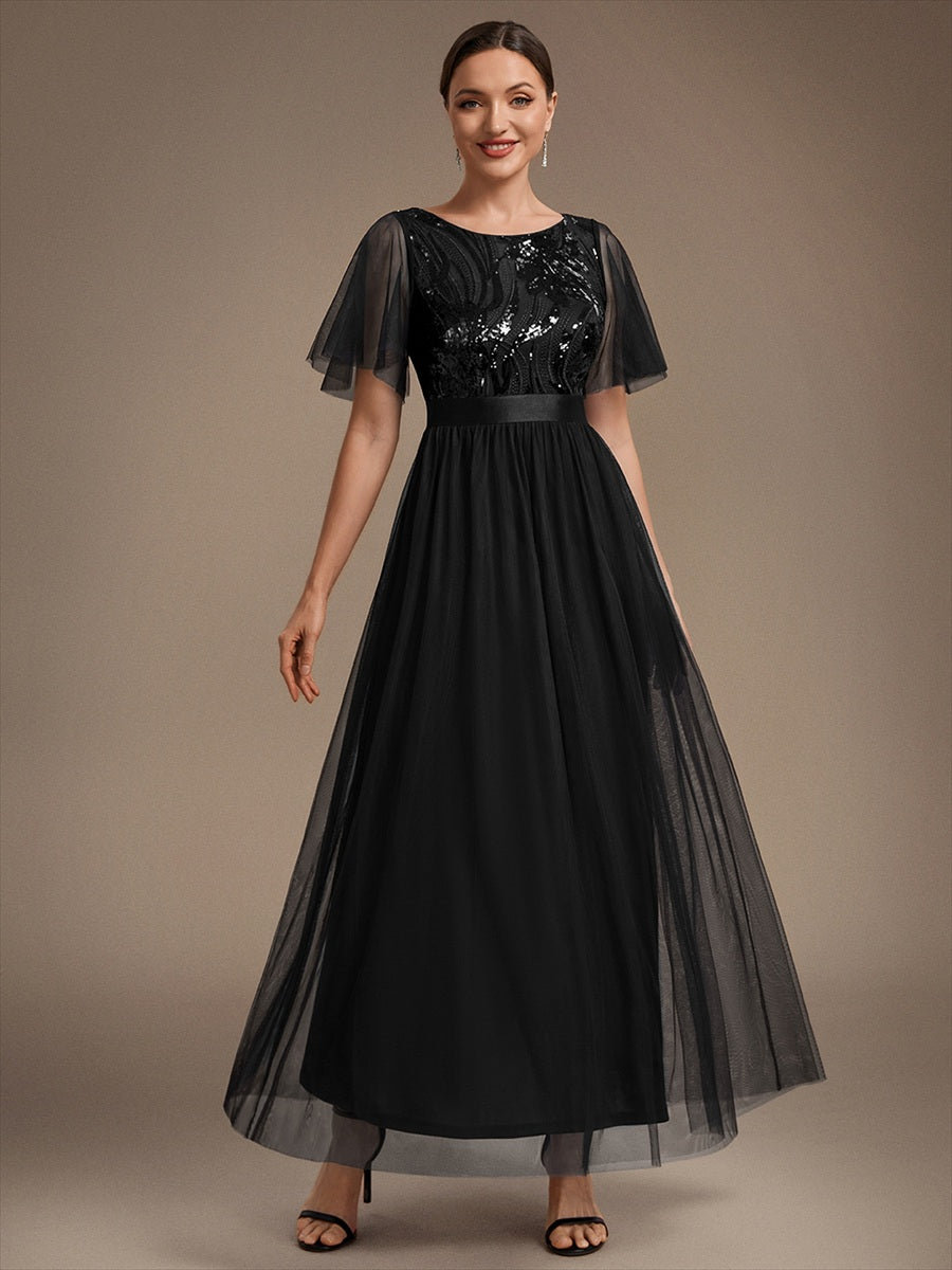 Maxilänge A-Linien Kleid Runder Ausschnitt Tüll Pailletten Glamouröser Look #Farbe_Schwarz