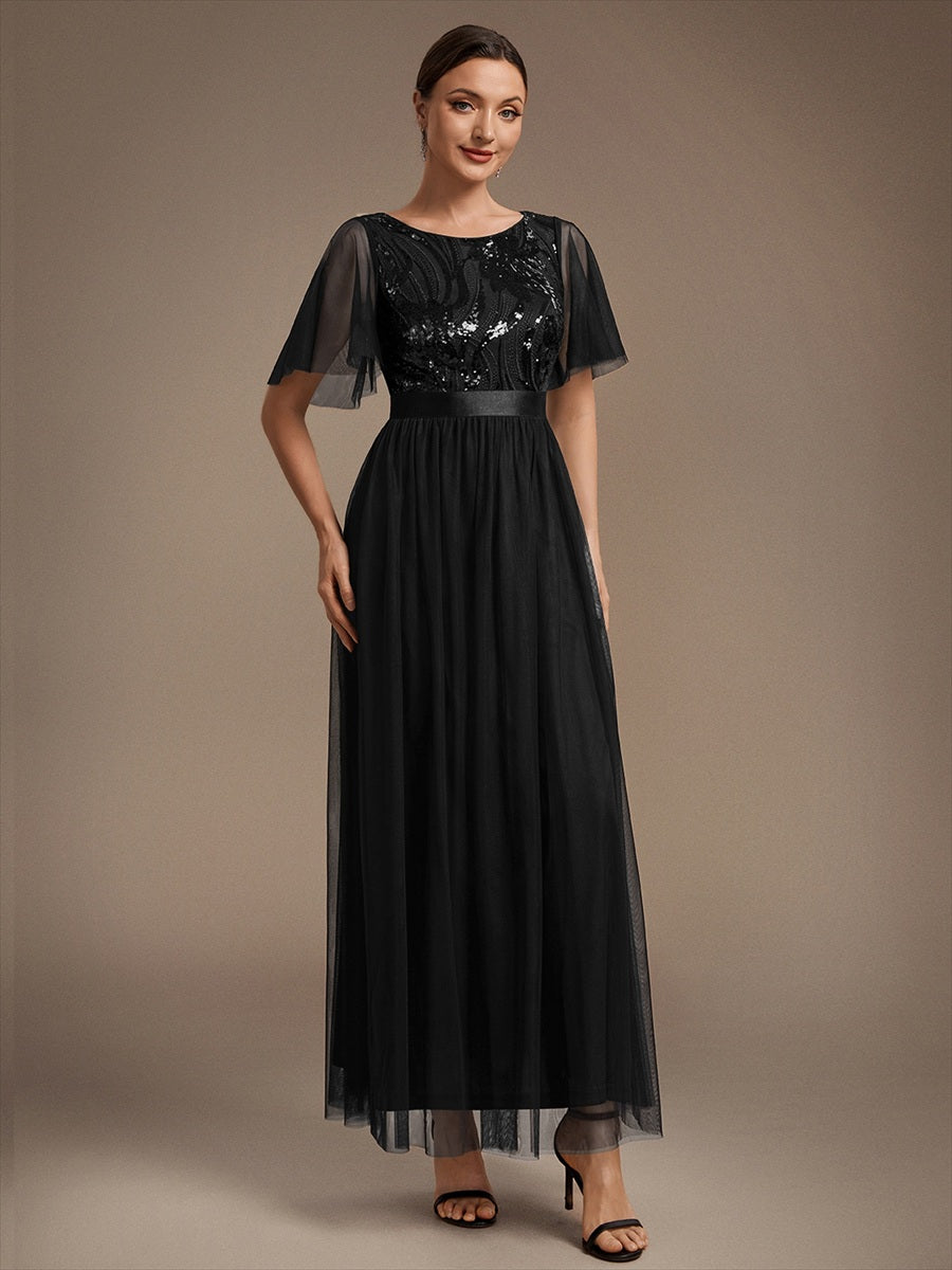 Maxilänge A-Linien Kleid Runder Ausschnitt Tüll Pailletten Glamouröser Look #Farbe_Schwarz