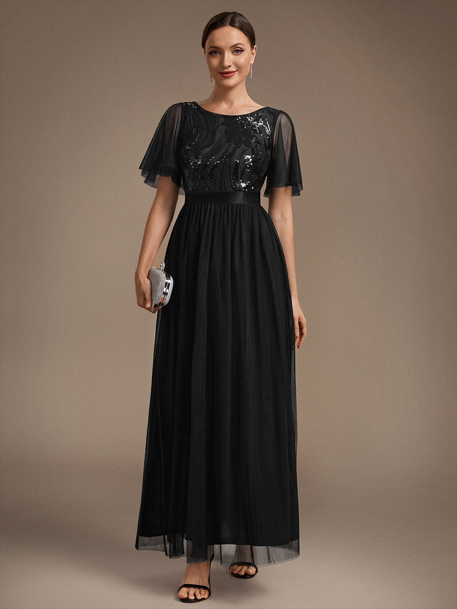 Maxilänge A-Linien Kleid Runder Ausschnitt Tüll Pailletten Glamouröser Look #Farbe_Schwarz