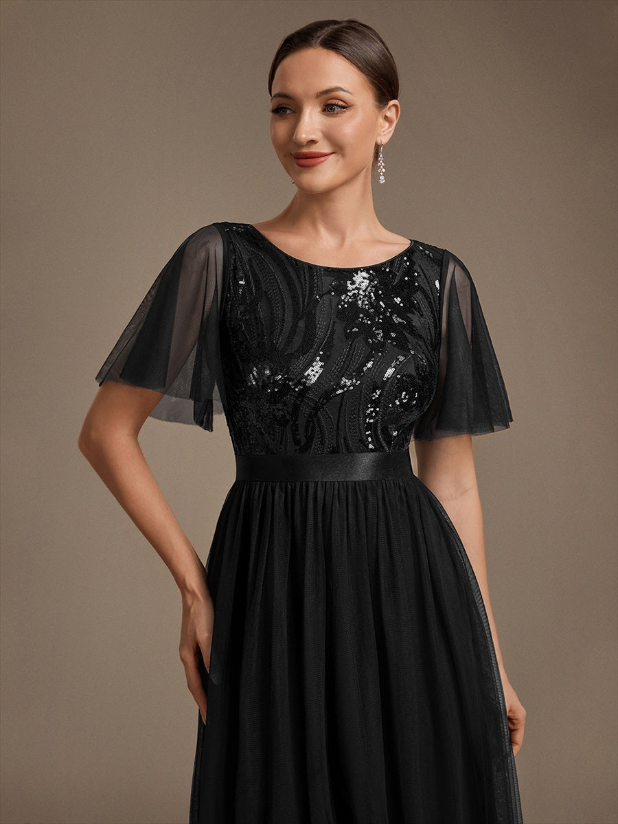 Maxilänge A-Linien Kleid Runder Ausschnitt Tüll Pailletten Glamouröser Look #Farbe_Schwarz