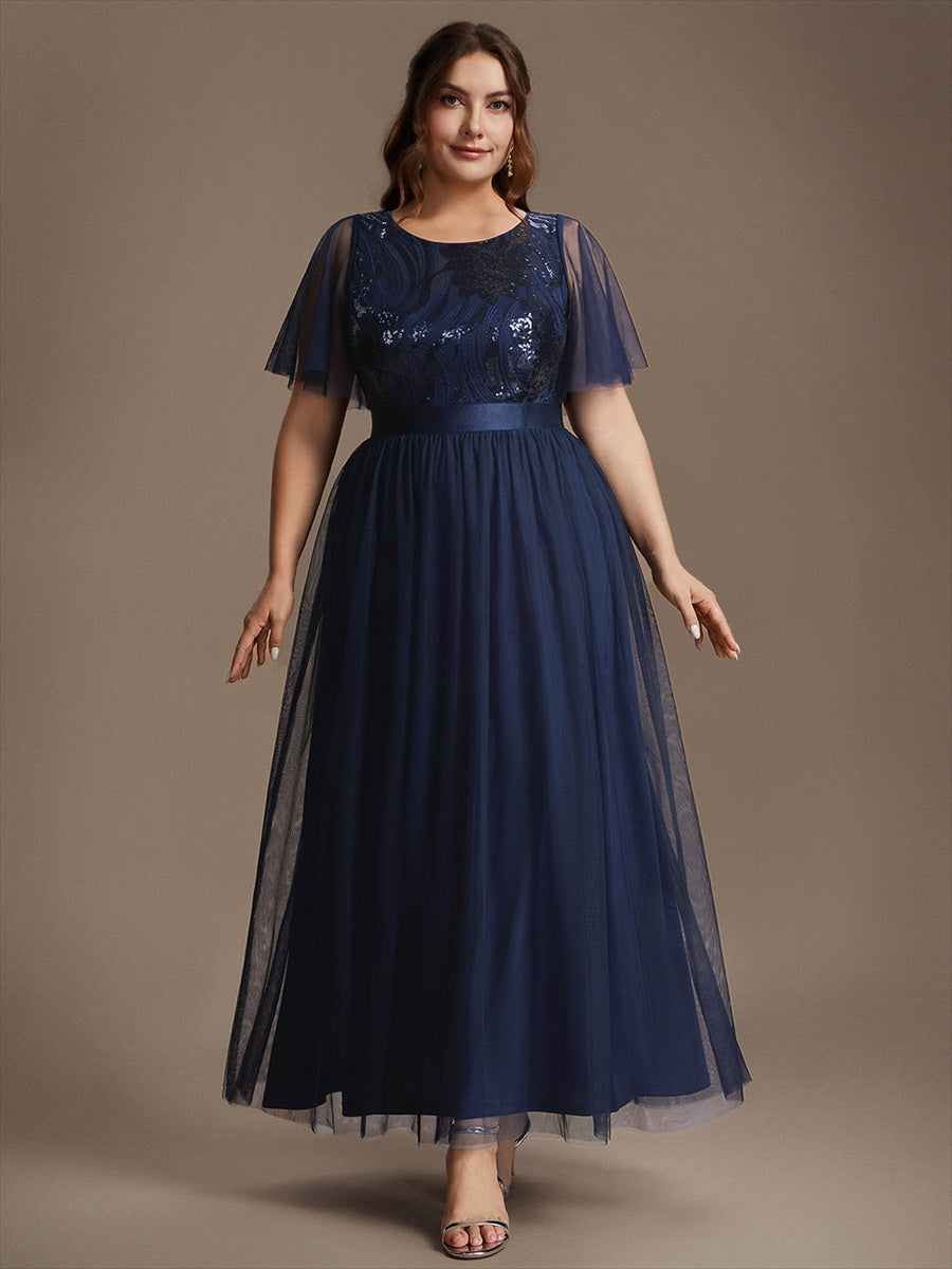 Maxilänge A-Linien Kleid Runder Ausschnitt Tüll Pailletten Glamouröser Look #Farbe_Marineblau