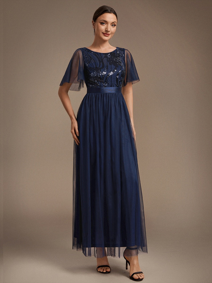 Maxilänge A-Linien Kleid Runder Ausschnitt Tüll Pailletten Glamouröser Look #Farbe_Marineblau