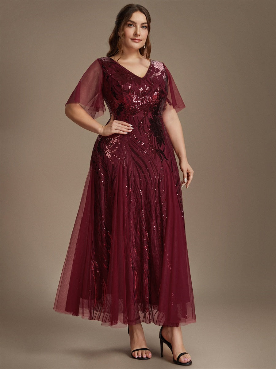 Maxilänge V-Ausschnitt A-Linien Kleid Aus Pailletten Für Glamourösen Look #Farbe_Burgunderrot