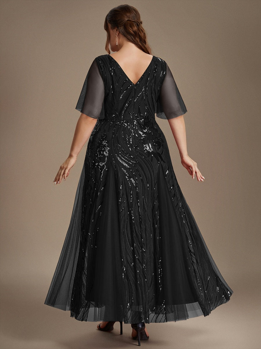 Maxilänge V-Ausschnitt A-Linien Kleid Aus Pailletten Für Glamourösen Look #Farbe_Schwarz