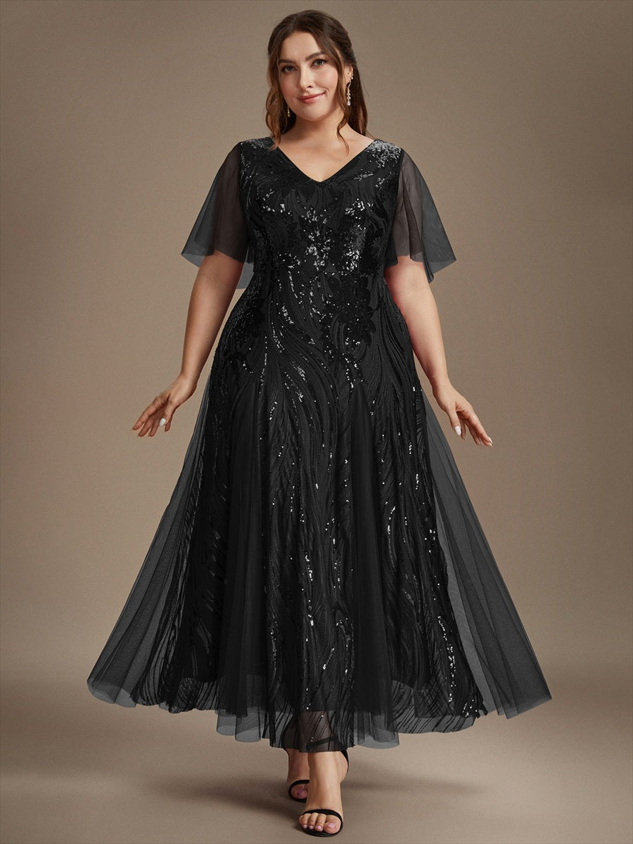 Maxilänge V-Ausschnitt A-Linien Kleid Aus Pailletten Für Glamourösen Look #Farbe_Schwarz