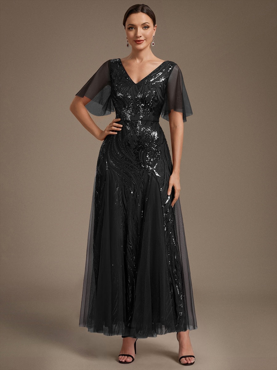 Maxilänge V-Ausschnitt A-Linien Kleid Aus Pailletten Für Glamourösen Look #Farbe_Schwarz