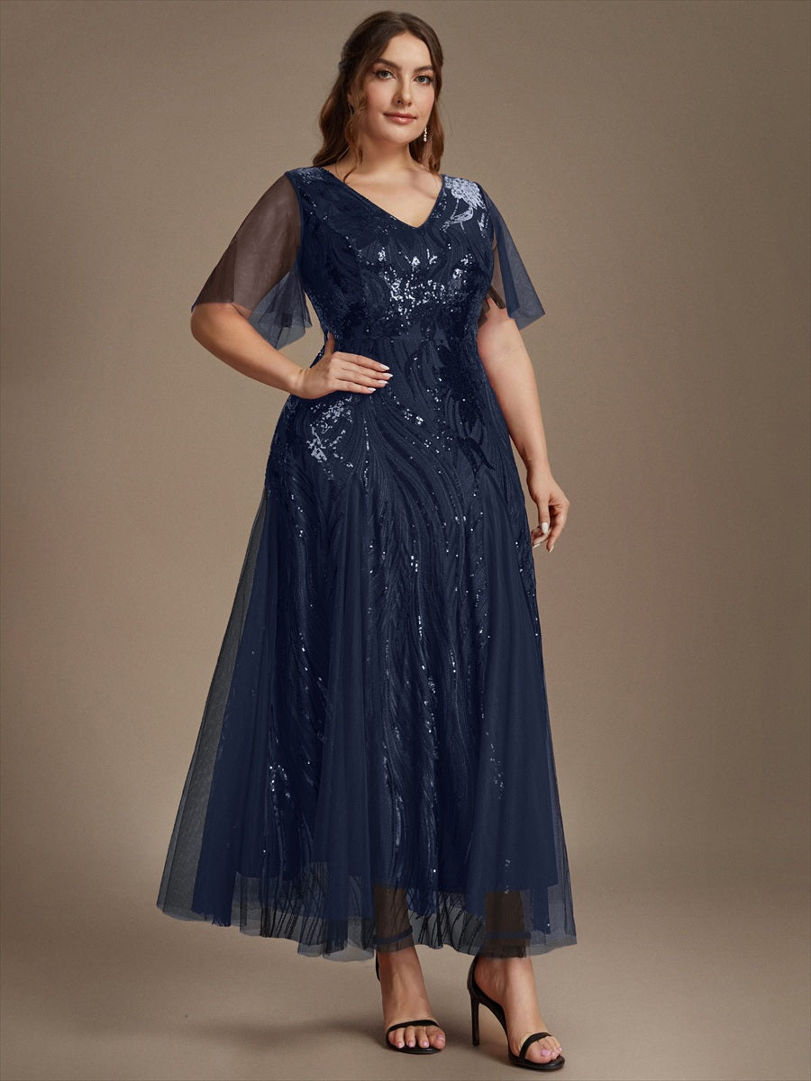 Maxilänge V-Ausschnitt A-Linien Kleid Aus Pailletten Für Glamourösen Look #Farbe_Marineblau