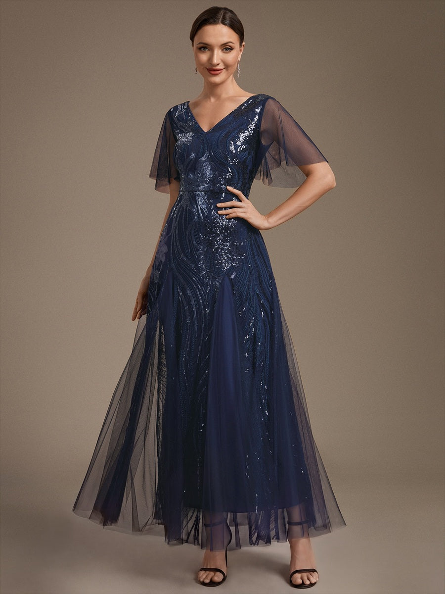 Maxilänge V-Ausschnitt A-Linien Kleid Aus Pailletten Für Glamourösen Look #Farbe_Marineblau