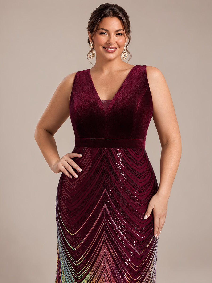 Maxilänge Meerjungfrau Kleid V Ausschnitt Pailletten Glamourös Elegant #Farbe_Burgunderrot