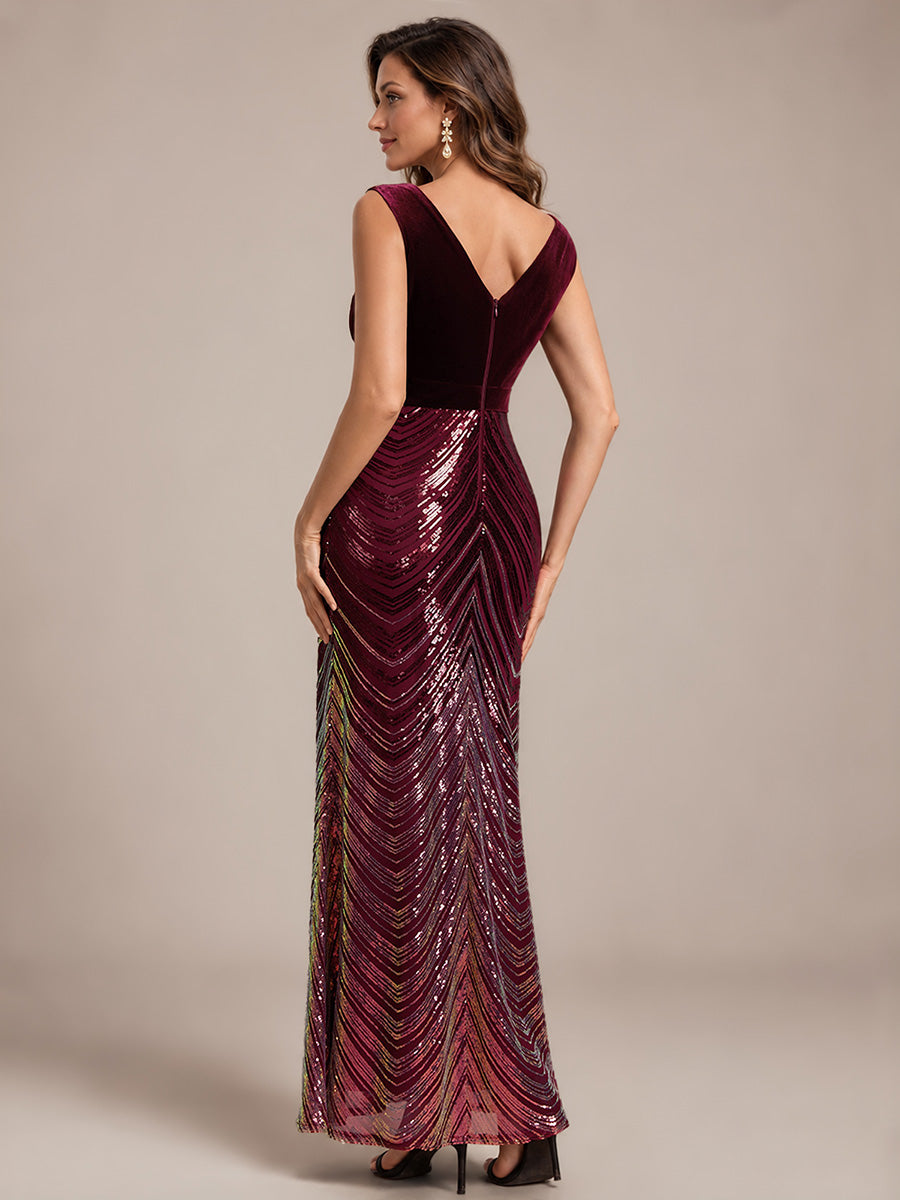 Maxilänge Meerjungfrau Kleid V Ausschnitt Pailletten Glamourös Elegant #Farbe_Burgunderrot