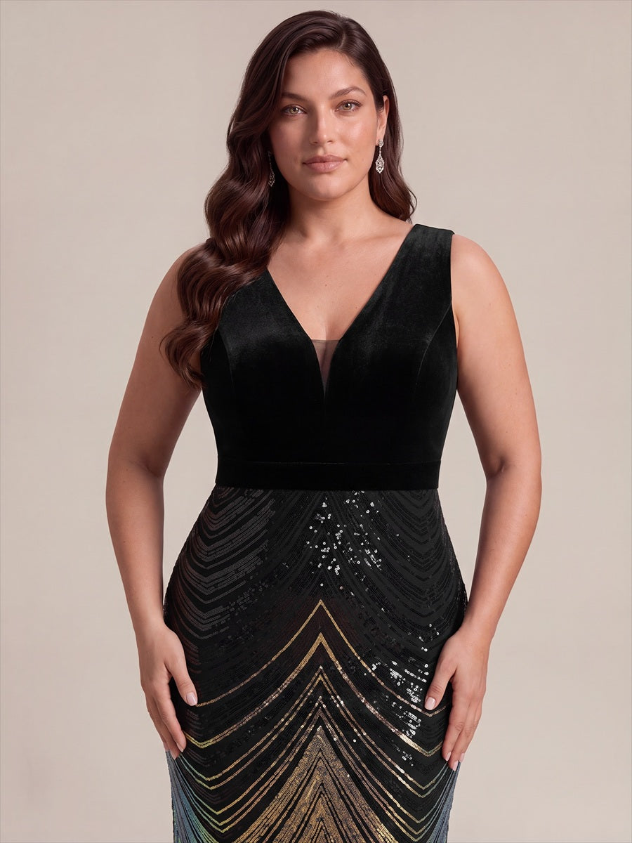 Maxilänge Meerjungfrau Kleid V Ausschnitt Pailletten Glamourös Elegant #Farbe_Schwarz