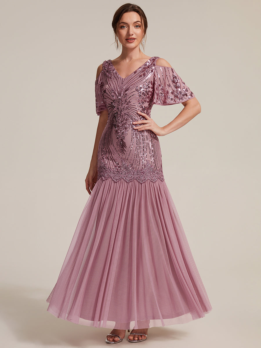 Pailletten V-Ausschnitt Etui-Schnitt Volantärmel Reißverschluss hinten abendkleid #Farbe_Orchideenviolett