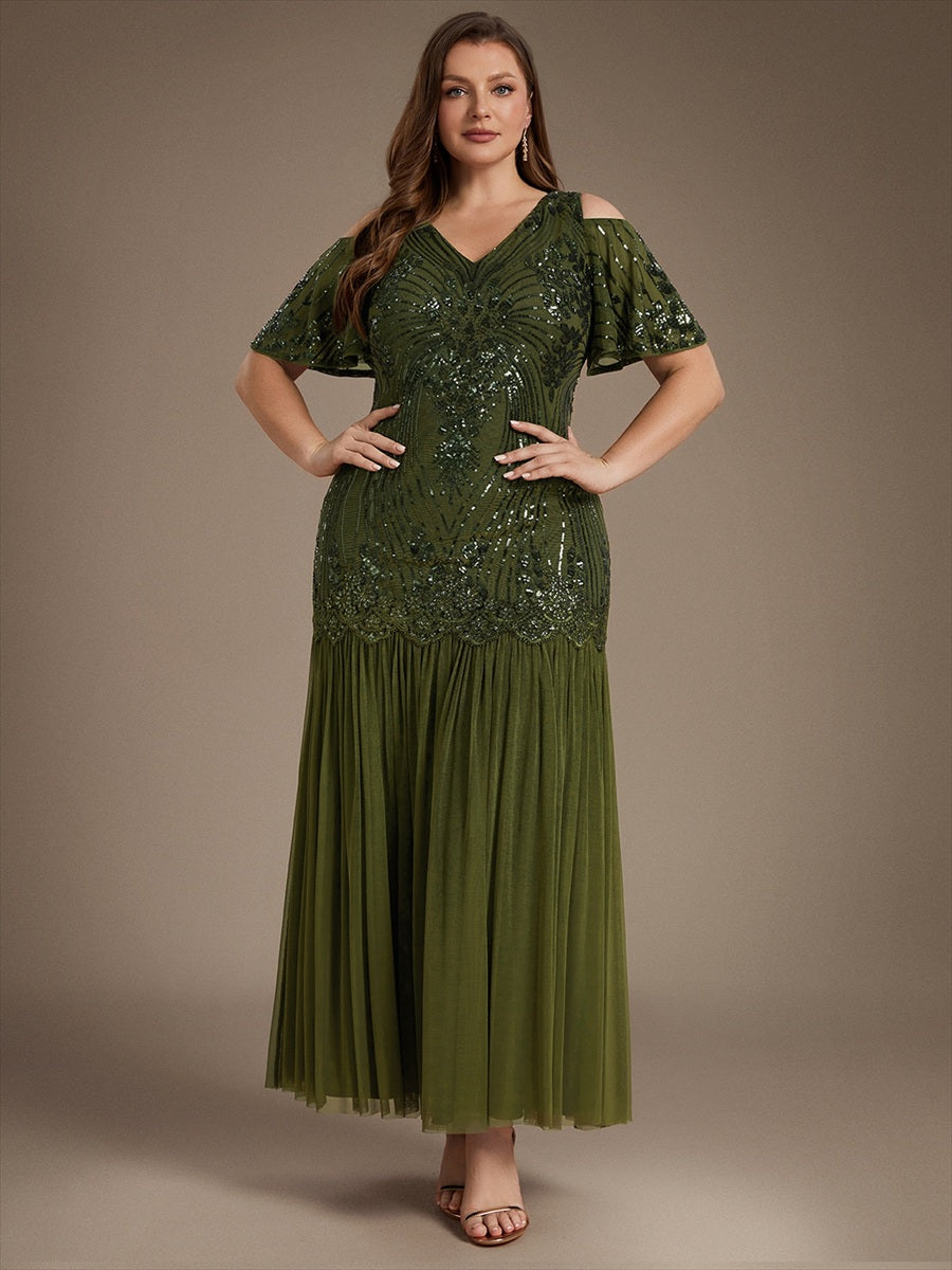 Pailletten V-Ausschnitt Etui-Schnitt Volantärmel Reißverschluss hinten abendkleid #Farbe_Olivgrün