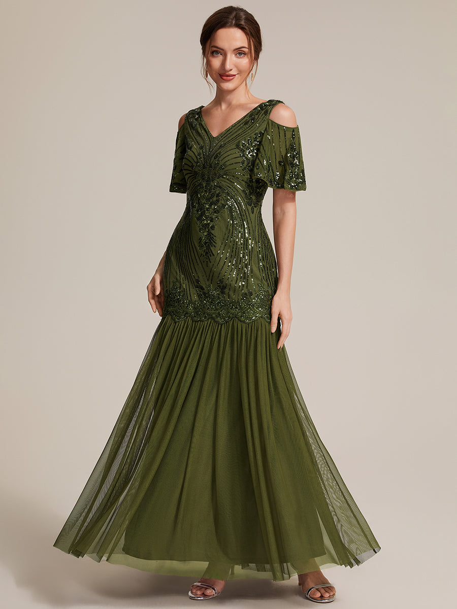 Pailletten V-Ausschnitt Etui-Schnitt Volantärmel Reißverschluss hinten abendkleid #Farbe_Olivgrün