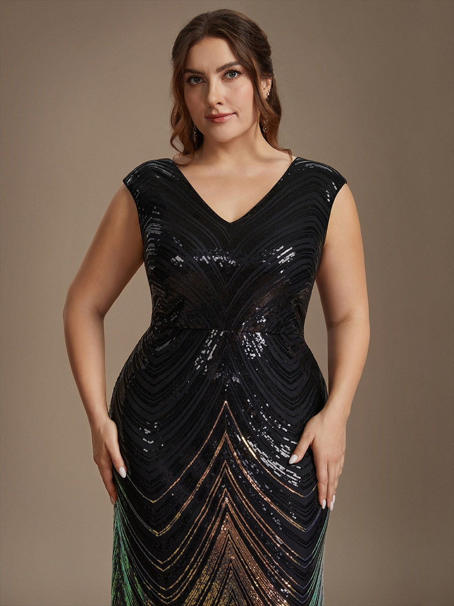 Pailletten V-Ausschnitt Meerjungfrau Reißverschluss hinten Kleid #Farbe_Schwarz & Gold
