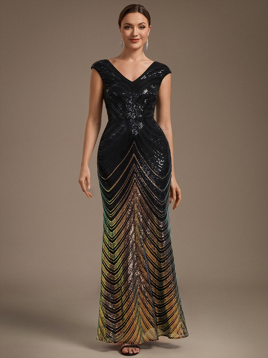 Pailletten V-Ausschnitt Meerjungfrau Reißverschluss hinten Kleid #Farbe_Schwarz & Gold