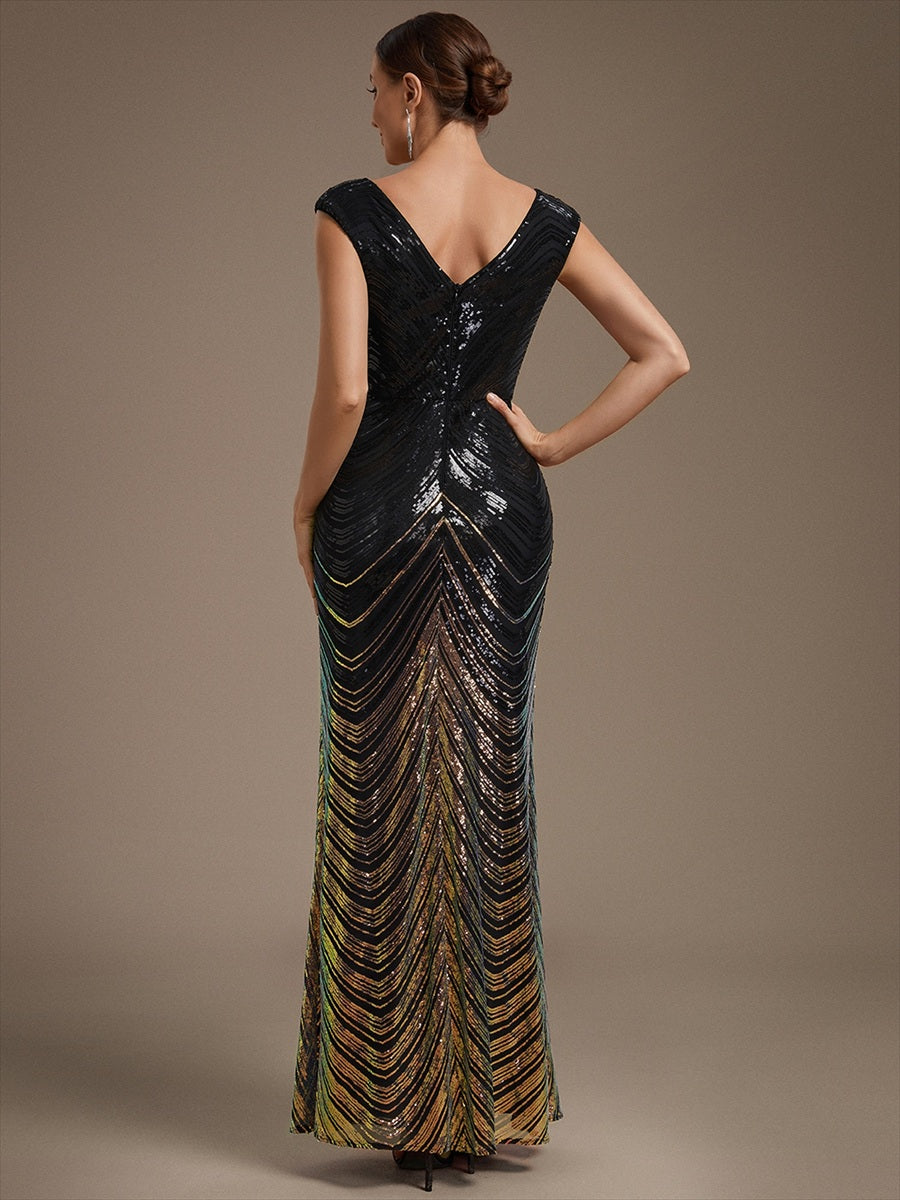 Pailletten V-Ausschnitt Meerjungfrau Reißverschluss hinten Kleid #Farbe_Schwarz & Gold