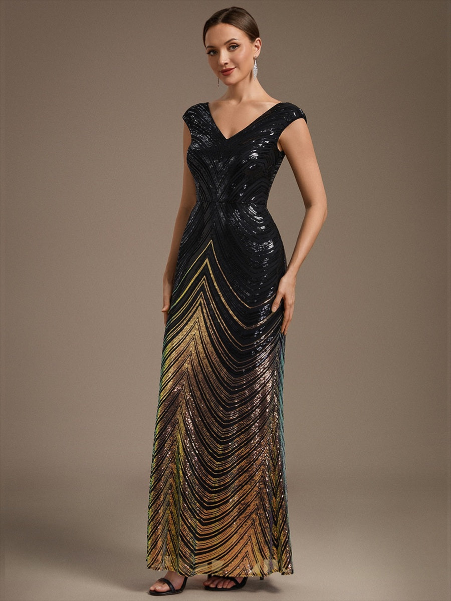 Pailletten V-Ausschnitt Meerjungfrau Reißverschluss hinten Kleid #Farbe_Schwarz & Gold
