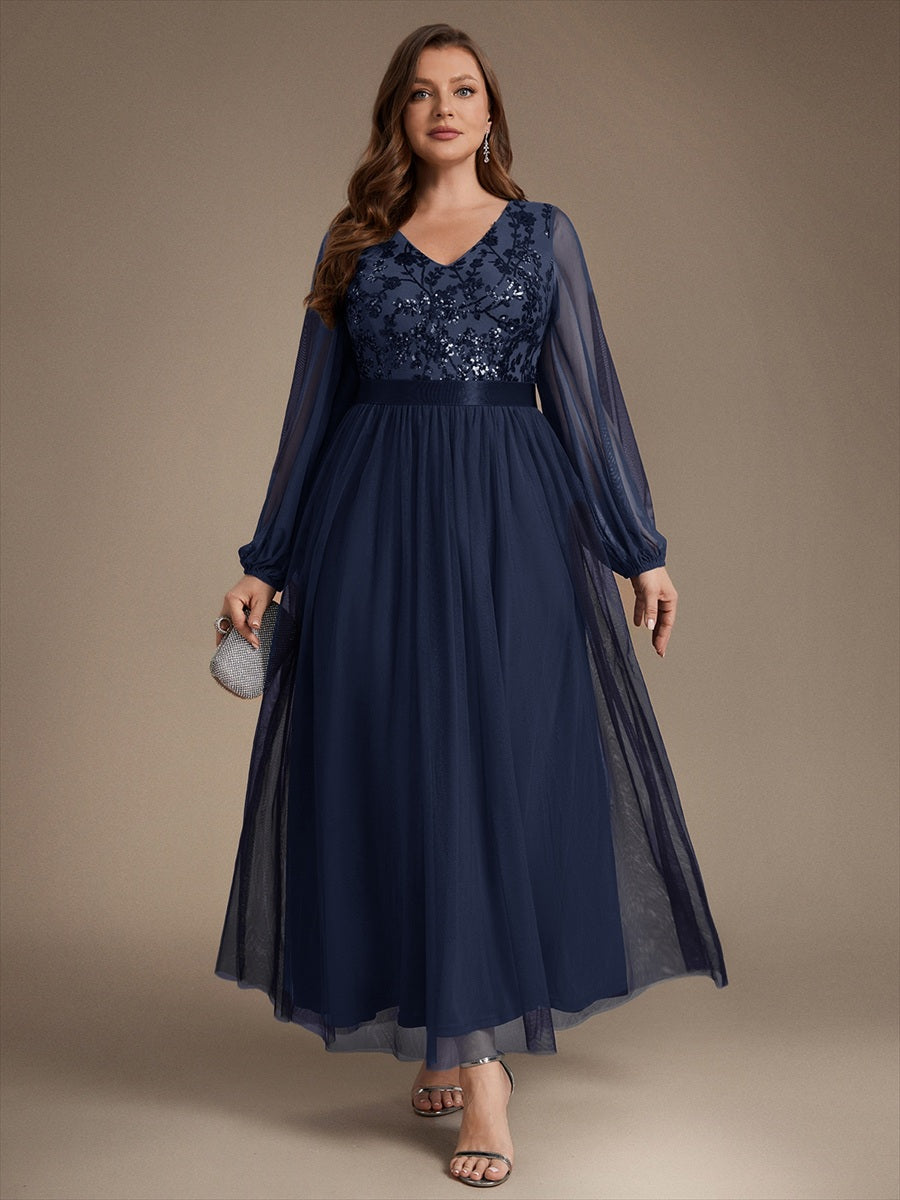 Tüll V-Ausschnitt A-Linie Reißverschluss hinten Ohne Brustpolster, mit Futter. abendkleid #Farbe_Marineblau