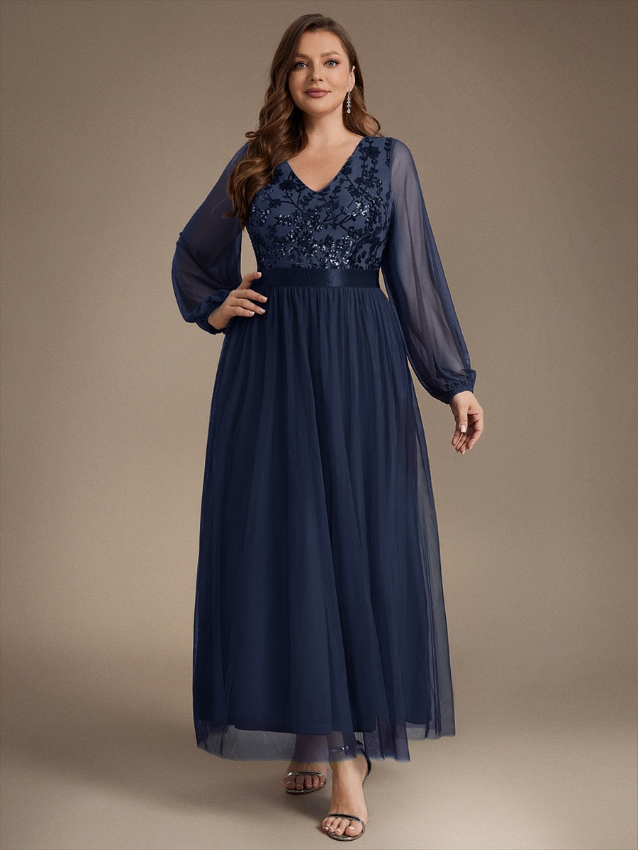 Tüll V-Ausschnitt A-Linie Reißverschluss hinten Ohne Brustpolster, mit Futter. abendkleid #Farbe_Marineblau